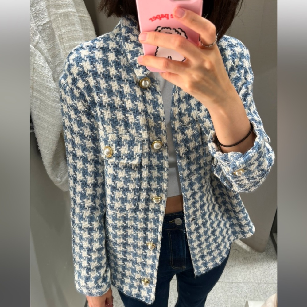 Zara TWEED WEAVE TEXTURED OVERSHIRT W/ STRUCTURED PATTERN & PEARL BUTTON NEW